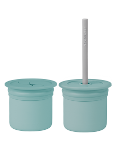 Cana cu pai si recipient gustari Minikoioi, 100% Premium Silicone, Sip+Snack – Aqua Green / Powder Grey