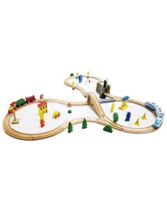 Jucarie cale ferata din lemn cu tren cu baterii Ecotoys HM015147, 69 elemente, multicolor