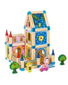 Set de constructii casa 6 in 1 din blocuri din lemn Ecotoys MA429