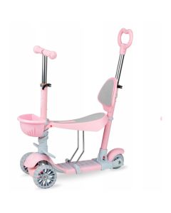 Trotineta 3 in 1, QKIDS, ILI Pink, cu 3 roti, Maner pentru parinte, Scaun reglabil pe 3 trepte, Frana flexbrake, Cos pentru accesorii, Pliabila