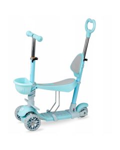 Trotineta 3 in 1, QKIDS, ILI Blue, cu 3 roti, Maner pentru parinte, Scaun reglabil pe 3 trepte, Frana flexbrake, Cos pentru accesorii, Pliabila