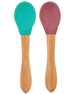 Set 2 Lingurite Minikoioi, Varf din Silicon si Maner din Bambus – Aqua Green/Velvet Rose