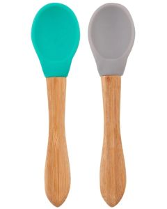 Set 2 Lingurite Minikoioi, Varf din Silicon si Maner din Bambus – Aqua Green/Powder Grey