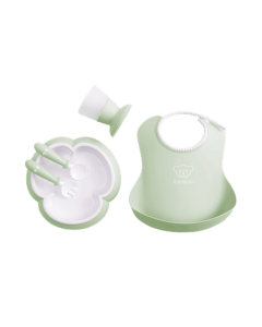 BabyBjorn - Set hranire: farfurie, lingurita, furculita, pahar si bavetica pentru bebe, Powder Green