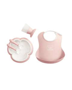 BabyBjorn - Set hranire: farfurie, lingurita, furculita, pahar si bavetica pentru bebe, Powder Pink