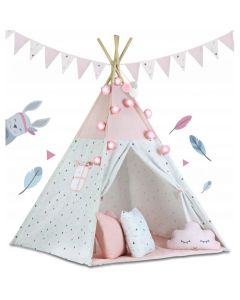 Cort de joaca pentru copii cu ghirlanda si lumini Ricokids 120 x 120 x 165 cm - Roz