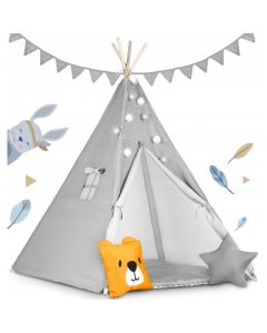 Cort De Joaca Pentru Copii Cu ghirlanda, Lumini, covoras si 2 pernite Ricokids 120 X 120 X 165 Cm - Gri